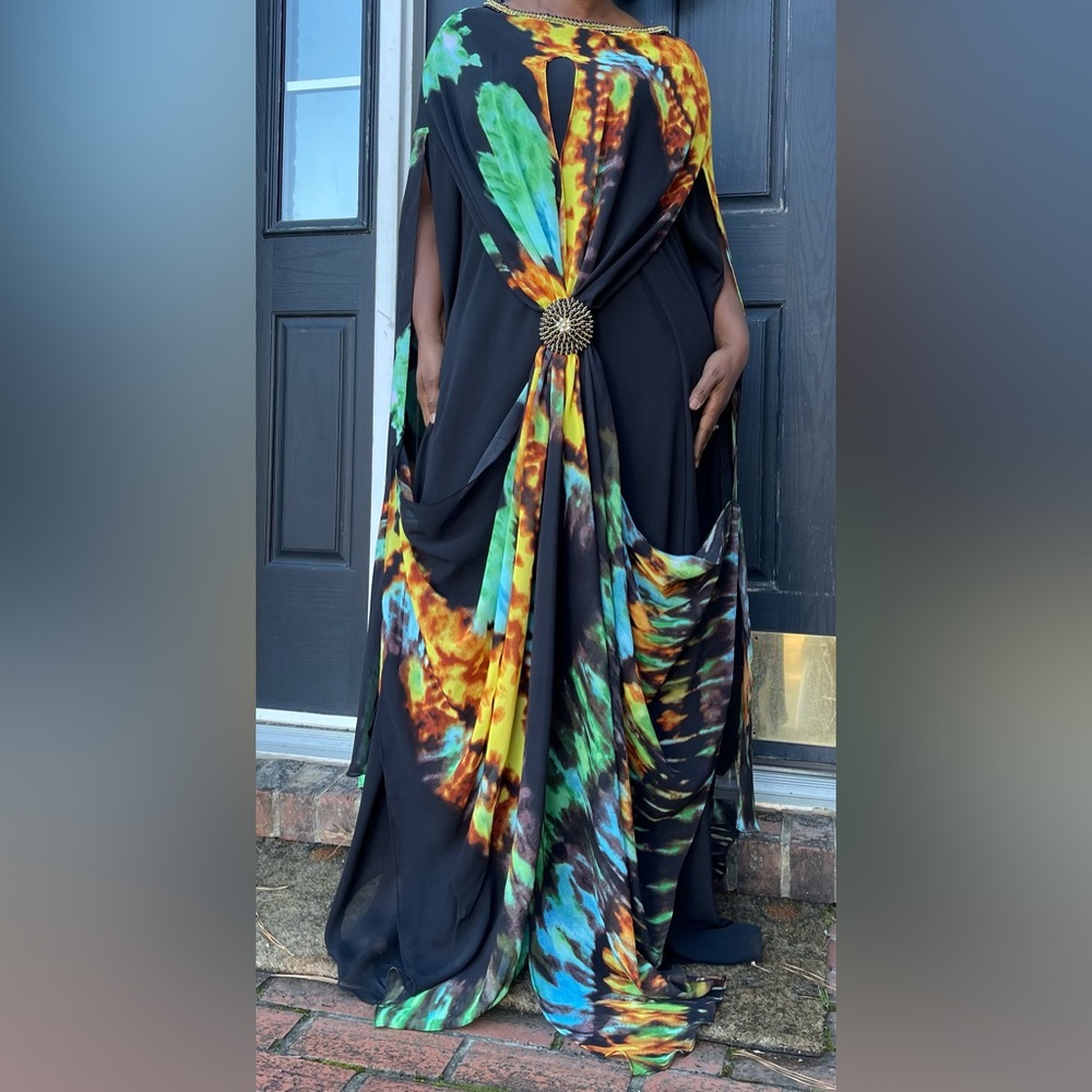 Elegant Black Multicolor Women's Chiffon Crépe Twist Front Asymmetrical Dress